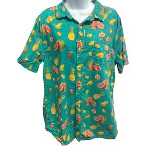 ON THE BYAS Hawaiian Shirt Tropical Fruit Print Short Sleeve Button Up Green‎ Lg